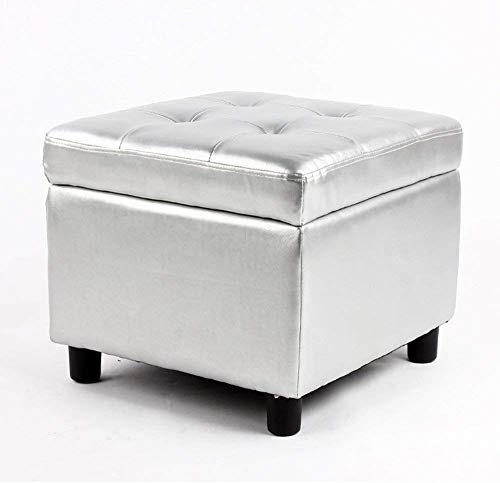 Ottoman de rangement carré en cuir argenté petit repose-pieds - 2