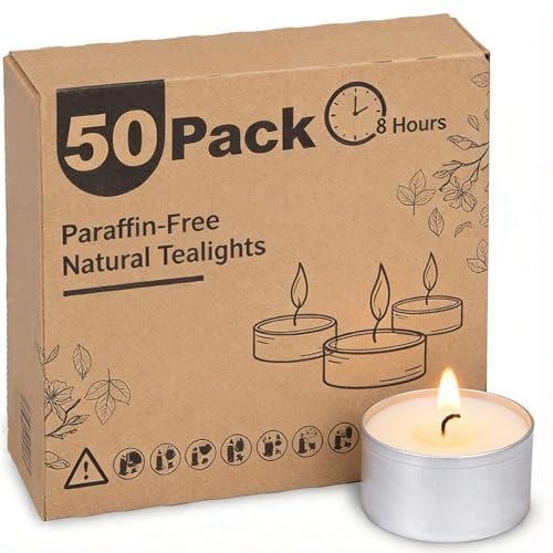 50er Pack Teelichter mit 8-stündiger Brenndauer duftfrei aus Veganes Wachs mit Baumwolldocht ideal für Hochzeiten Feiern Restaurants und Spas