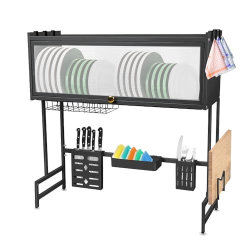 LANTUS Almacenamiento para fregadero, cocina, secadora de platos, cocina inoxidable con puerta, escurreplatos, estante grande de almacenamiento, 65 x 30 x 78 cm, color negro