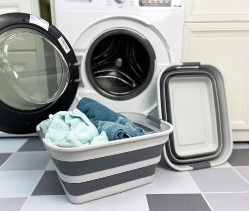 Image of SAMMART Set of 2 Collapsible Plastic Laundry Basket - Foldable Pop Up Storage Container /Organizer - Portable Washing Tub - Space Saving Hamper /Basket (Grey /Steel Grey, 27L)