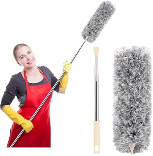 Image of Microfiber Feather Duster with Extendable Long Pole (100 Inches), Bendable Head for Cleaning High Ceiling Fans, Interior Roof, Cobwebs - Washable & Telescopic Long Handle Cleaning Tool