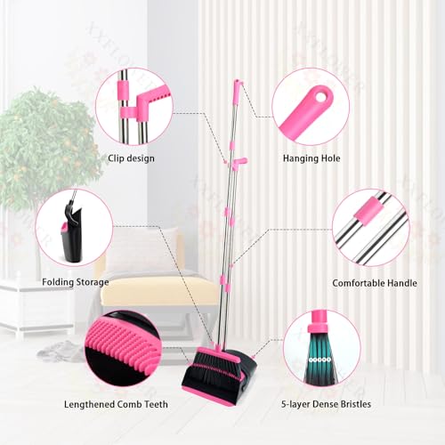 Image of Broom and Dustpan Set, Long Handle Lightweight Dustpans with Broom Combo for Home, Indoor&Outdoor Sweeping for Home Room Kitchen Office Lobby (Black Pink)