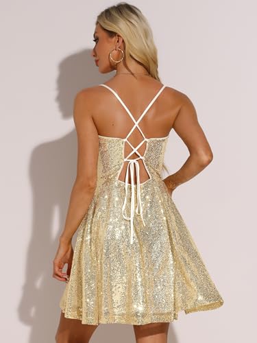 Image of Allegra K Glitter Sequin Dresses for Women's Spaghetti Strap Tie Back Backless Mini Party Dress Clubwear