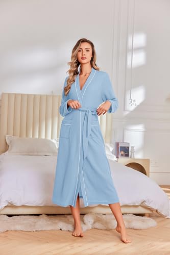 Image of Ekouaer Robes for Women Lightweight Knit Waffle Bathrobe Full Length Kimono Casual Ladies Loungewear