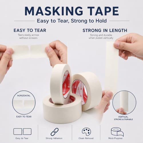 Image of Masking Tape,1 inch Widex55 Yards 6 Rolls,Medium-Adhesion White Tape for Car Painting,Arts & Crafts, Home DIY Projects,Spray Paint Masking- Hand Tearable, No Residue, Multi-Surface Use