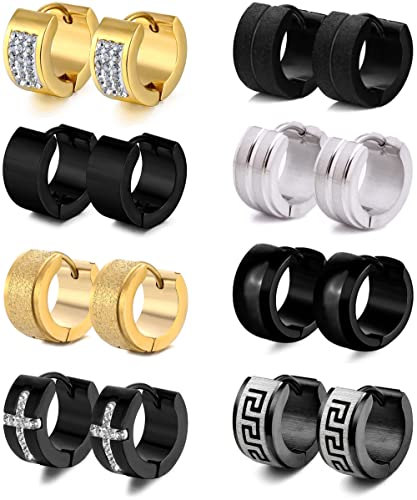 Rioso 8Pairs Hoop Earrings For Men Stainless Steel Black Silver Gold Wide Men's Hoop Earring #TOP6