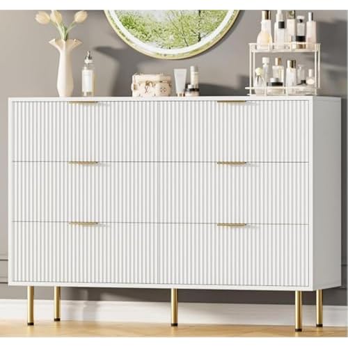 GAOMON 6 Drawer Dresser for Bedroom Chest of Drawers, 47" Wide Fluted Dresser with Drawers, Modern Wooden Double Dressers with Metal Handles for Livin
