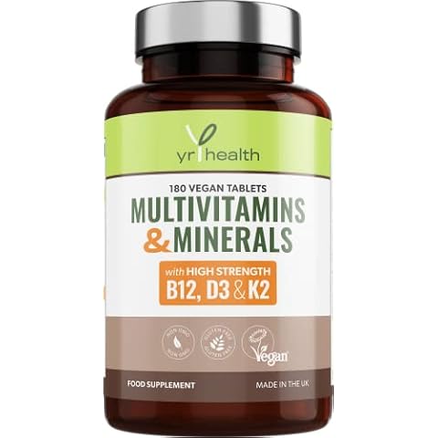 Vegan Multivitamins & Minerals with Vitamin B12, D3 & K2, Zinc and Iron, 180 Vegan Society Registered Tablets for Men and Woman, 6 Month Supply - Made in The UK by YrHealth Cover