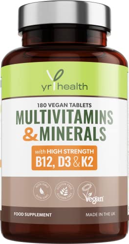 Vegan Multivitamins & Minerals with Vitamin B12, D3 & K2, Zinc and Iron, 180 Vegan Society Registered Tablets for Men and Woman, 6 Month Supply - Made in The UK by YrHealth