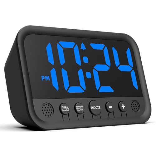 Small LED Digital Clock for Bedroom, Loud Alarm Clock for Heavy Sleepers Adults, Teens | Plug-In Electric Desk Clock | Simple Bedside Nightstand Clock with Adjustable Volume/Brightness/Snooze – Blue