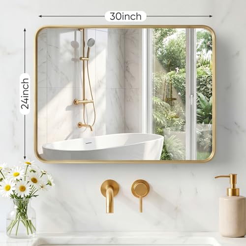 Image of NEWBULIG 24X30 Inch Bathroom Mirror for Over Sink, Wall Vanity Mirrors Tempered Glass, Anti-Rust Metal Framed Rounded Rectangle, Hangs Horizontally or Vertically, Farmhouse Home Decor, Gold