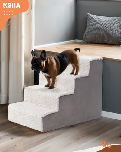KSIIA Hundetreppe für Kleine Hunde 44cm Hoch, Haustiertreppe mit Abnehmbarem Waschbarem Bezug, Katzentreppe für Alte Katzen Hunde, Rutschfestem Hunderampe Hundetreppe für Bett Sofa, Grau