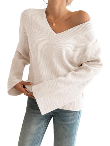 Yousify Womens V Neck Oversized Sweaters Long Sleeve Knit Pullover Trendy Casual Chunky Sweater3