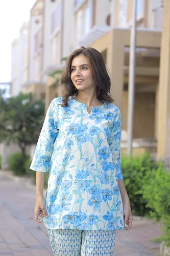Image of Pure Cotton Printed Night Suit Top and Pyjama Set for Women's Night Dress of Shirt & Pyjama Set for Womens