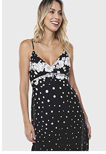 Vestido Longo Estampado Floral e Bolinhas Viscose Sob Preto (P)