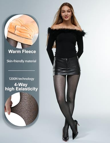 Image of KBVOT Fleece Lined Tights Women Sheer Warm Pantyhose Leggings Fake Translucent Thermal Winter Thick Tights for Dresses