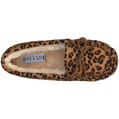 Illude Women’s Moccasin Slipper Vegan Suede Faux Fur Lined Indoor Outdoor Moccasins Slip On Loafers Moccasins (6, Leopard) #TOP3