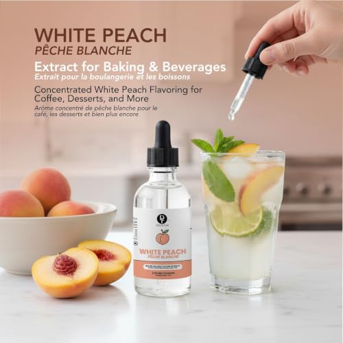 Image of Dolce Flav Natural White Peach Extract 2 oz - Kosher, Sugar-Free, Concentrated Sweet White Peach Flavoring for Beverages, Desserts & Baking, Includes Measured Dropper