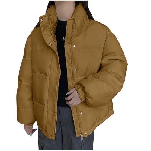 Women's Winter Fashion Puffer Jacket Padded Jacket Stand Collar Y2K Teen Girl Zip Pockets Baggy Short Coats