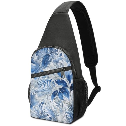 Mochila Sling Urbana Azul Estampado Hojas Pequeña miniatura 1