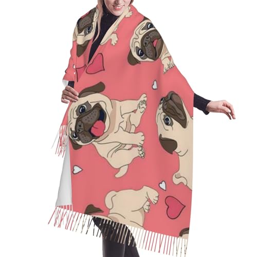 VGFJHNDF Lustiger Schal und Schal mit gerösteten Kaffeebohnen, bedruckt, weich, warm, Quaste, 196 x 68 cm, für Damen, Winterwickel, Halstücher, Mops, One size
