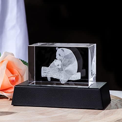 K9 Crystal Engraved 3D Pandas Collectible Figurines Two Hugging Pandas Keepsake Birthday Gifts for Mum Glass Ornaments with LED Light