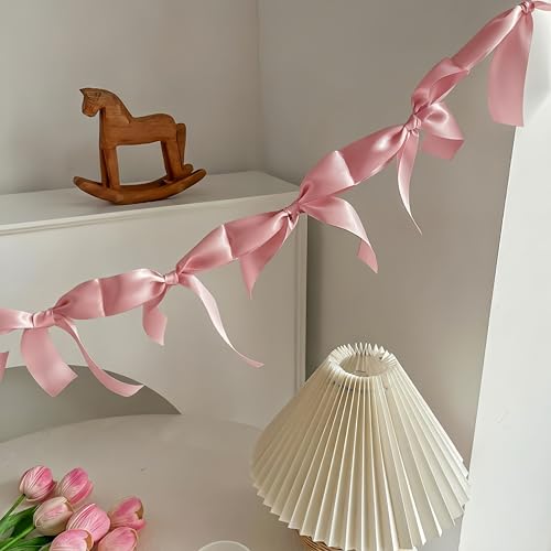 Image of Rosewood Blush Pink Bow Garland - Pre-Assembled 6ft Rustic Baby Shower Decor, Coquette Birthday & Bridal Shower Backdrop, Thick Matte Satin Bow Decor