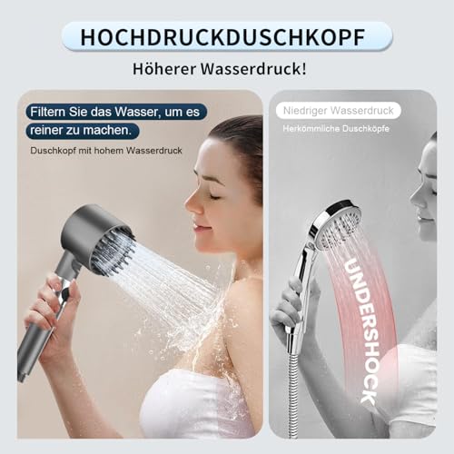 Duschkopf mit Schlauch, Duschbrause mit Filter, Handbrause mit Stoppfunktion, Hochdruck Handbrause mit 4 Strahlarten, Sparduschkopf mit Antikalk-Funktion und Halterung*1, Ersatzfilter*3,Grau
