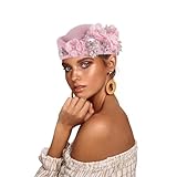 ASO OKE European and American retro British felt headscarf hat women's church derby headdress with floral women's soft beret (pink)