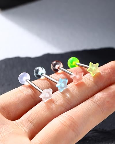 Jewseen 4Pcs G23 Implant Grade Titanium Tongue Rings 14g Tongue Piercing Jewelry Acrylic Star Tongue Barbell for Women Men3