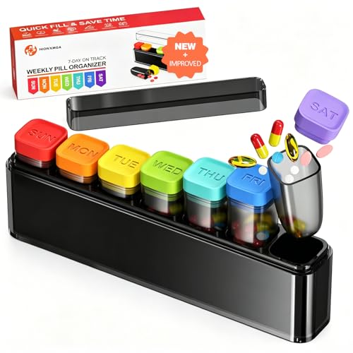 Image of HIONXMGA Color-Coded Weekly Pill Organizer Once Daily, Detachable 7 Day Travel Pill Box with Upgraded Sealing Lids, Large Portable Pill Case for Medication, Vitamins, Supplements & Fish Oils, Black