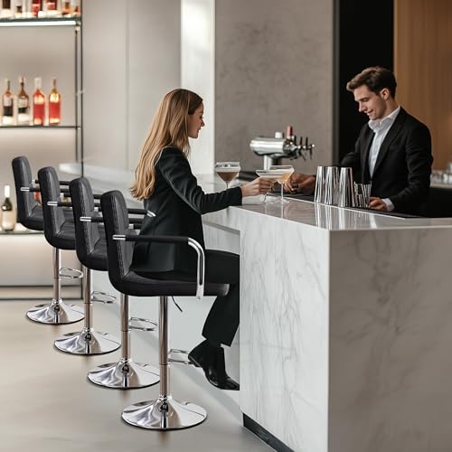 Image of Yaheetech Bar Stools Set of 4, Swivel with Backs, Adjustable Height, Black