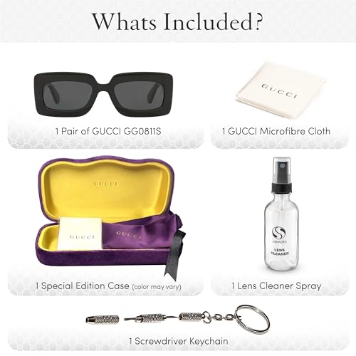 Gucci GG0811S Black Grey Rectangle Women's Sunglasses + Bundle with eSHADES Eyewear Kit3