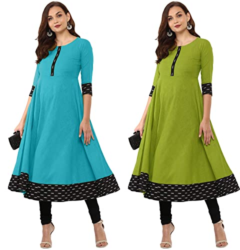 Image of NATEK Plain Cotton with Lace Anarkali Tops Kurtis for Ladies Girls - Combo Pack of 2 SkyBlue, Mehandi Color X-Large Size