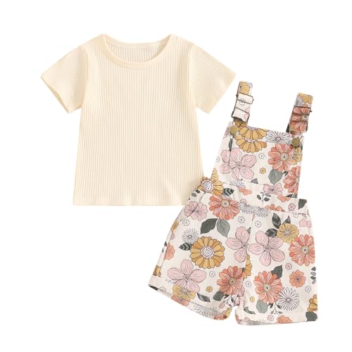 Lucikamy Toddler Baby Girls Summer Outfit Short Sleeve Ribbed Tops + Flower Suspender Overalls Shorts Set Kids Cute Clothes (Beige Top + Flower 18-24 Months)