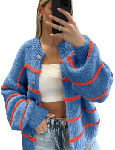 Image of QIBABU Womens Striped Cardigan Sweaters Casual Open Front Long Sleeve Button Down Knit Outwear