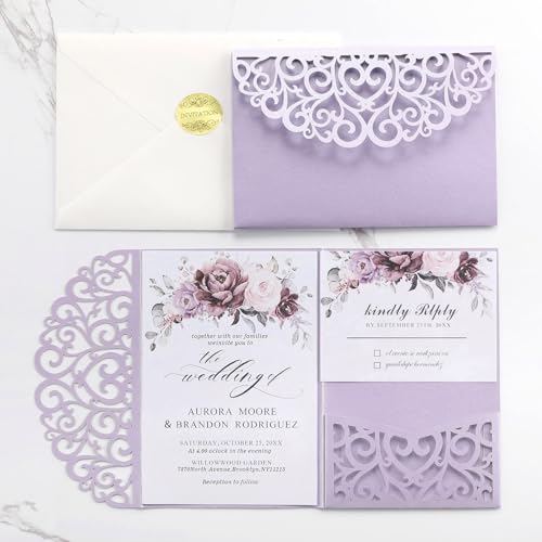 Adasbridal AB-IV-2307-PURPLE Wedding Invitations With Envelopes And Rsvp Cards 50Pcs Purple Laser Cut Invitation Blank Cards And Envelopes Seals Rsvp Cards thumb #6
