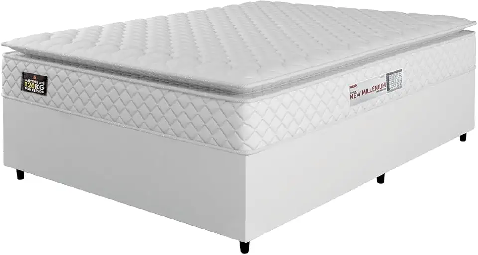Cama Box Casal Queen Colchão Espuma D33 Pillow Top New Millenium 158x198x57cm Branco Hellen – Suporta Até 120 Kg Por Pessoa