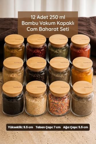 Zone 12'li Cam Baharatlık Takımı 250 ml - Bambu Vakum Kapaklı Mutfak Erzak Saklama Kabı ve Baharat Takımı