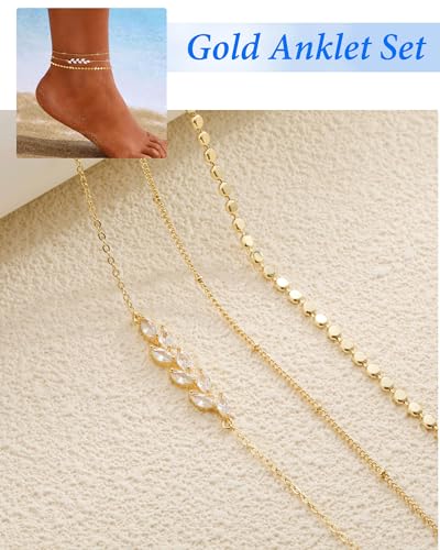 Image of ZHESHY Gold Silver Ankle Bracelets for Women 14K Gold Plated Anklets for Women Waterproof Cuban Link Heart Chain Anklets Set Non Tarnish Dainty Layered Anklet Bracelets for Women Summer Beach Jewelry