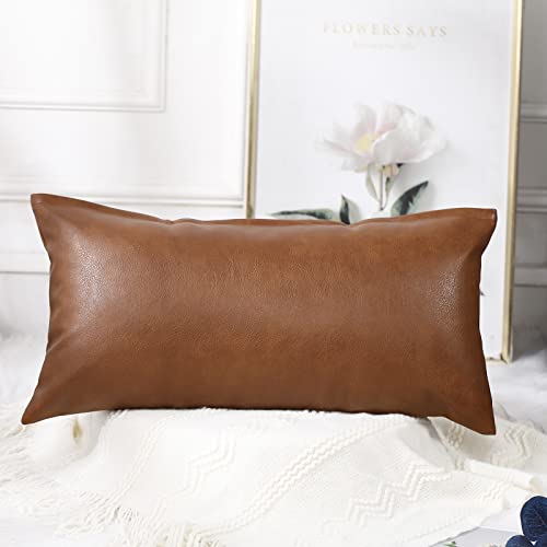 Panod Decorative Lumbar Throw Pillow Covers 14 X 24,Premium Faux Leather Long Pillow Covers Cushion Case For Farmhouse Sofa Couch Bed Livingroom,Modern Boho,Vegan Brown #TOP2