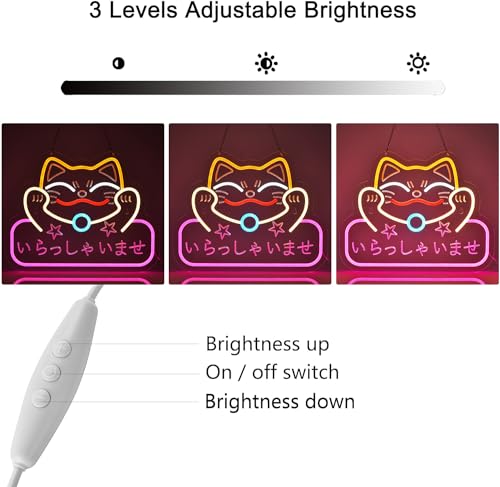 Image of Japanese Welcome Neon Sign Fortune Cat Wall Decor Dimmable Led Neon Lights Japanese Style いらっしゃいませ Neon Billboard for Restaurant Shop Store Window USB Powered 16.1 inch x 12.6 inch