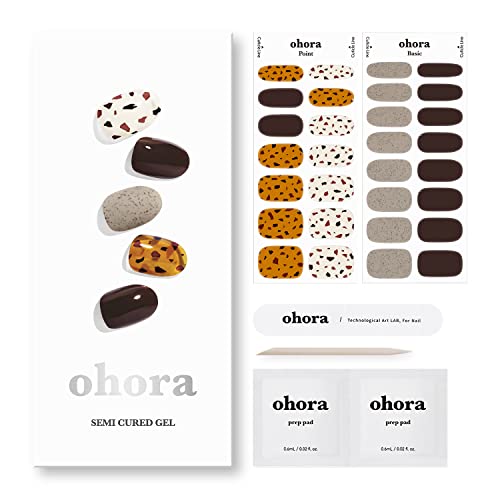 ohora Gel Nail N Brown Terrazzo - Semi Cured Long Lasting Nail Polish Strips - Includes 2 Prep Pads, Nail File & Wooden Stick - Easy to Apply & Remove - 16 Solid Color & 14 Accent Wraps - 30 Stickers