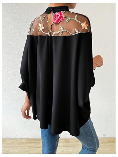 SweatyRocks Women's Floral Mesh Mock Neck Dolman Short Sleeve Ruffle Blouses Tops2