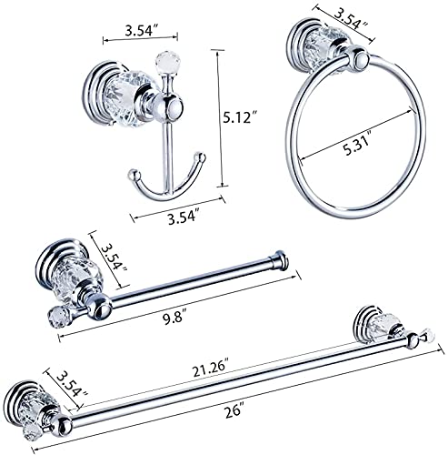 Leyden Crystal Bathroom Hardware Set, Chrome Bathroom Accessories Silver Towel Ring Towel Bar Toilet Paper Holder Coat Hooks Wall Mounted Polished 4 Pieces with Crystal Ball Base Designed