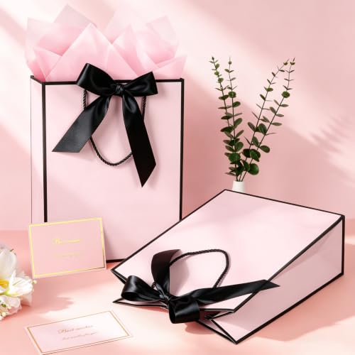Image of JMANNI Pink Day Gift Bag, 1PCS 13 inch Gift Bags with Ribbon and 1 Greeting Cards 2 Tissue Paper, Portable Paper Gift Bag with Handles, Present Bags for Birthday Wedding Party Mothers Day (Pink-Black)