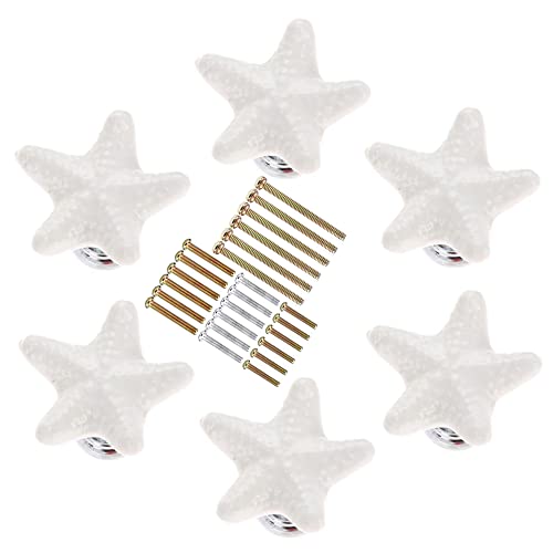 MARSTREE 6 Pack Cabinet Handles White Ceramic Drawer Knobs Starfish Shape Cupboard Dresser Wardrobe Closet Door Knobs Pull Handles Coastal Kitchen Furniture Knobs with Long Short Screws