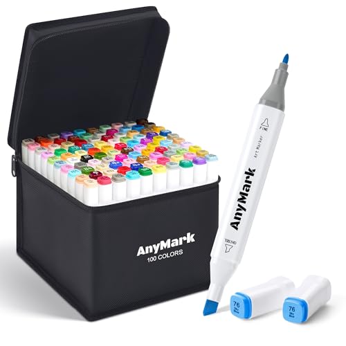 AnyMark 100 Farben Alkohol Marker, Doppelspitze Alkoholmarker mit Meißel- & Feinspitzen, zum Zeichnen, Ausmalen & Skizzieren, mit weißem Schaft