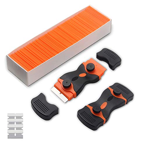 2 Pack Plastic Razor Blades Scraper, Double Edge Scraper Tool and 100PCS Blades and 4PCS Refill Blades for Removing Windows and Glass Sticker, Kitchen Grease, Glass Stove Top, Labels Decals