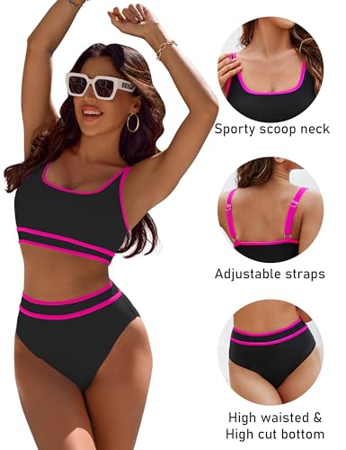 Image of BMJL Women's High Waisted Bikini Sets Sporty Two Piece Swimsuits Color Block Tummy Control Modest Bathing Suit